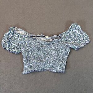 Aerie Womens XS Floral Smocked Puff Sleeve Cropped Top Ruffle‎ Tiered Boho Shirt